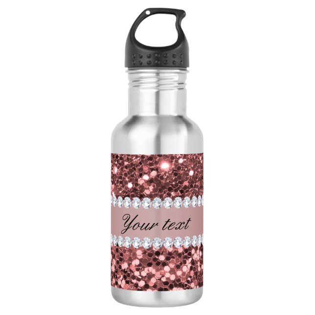 Big Rose Gold Faux Glitter and Diamonds Water Bottle (Front)