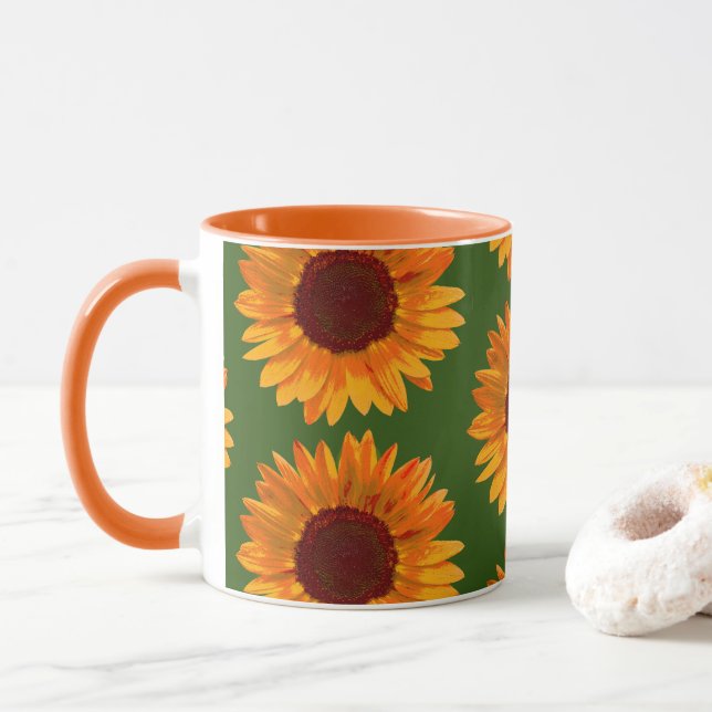 Big Rustic Orange Sunflower Pattern Floral Mug (With Donut)