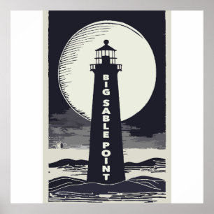 Big Sable Point Michigan Lighthouse Moon Poster