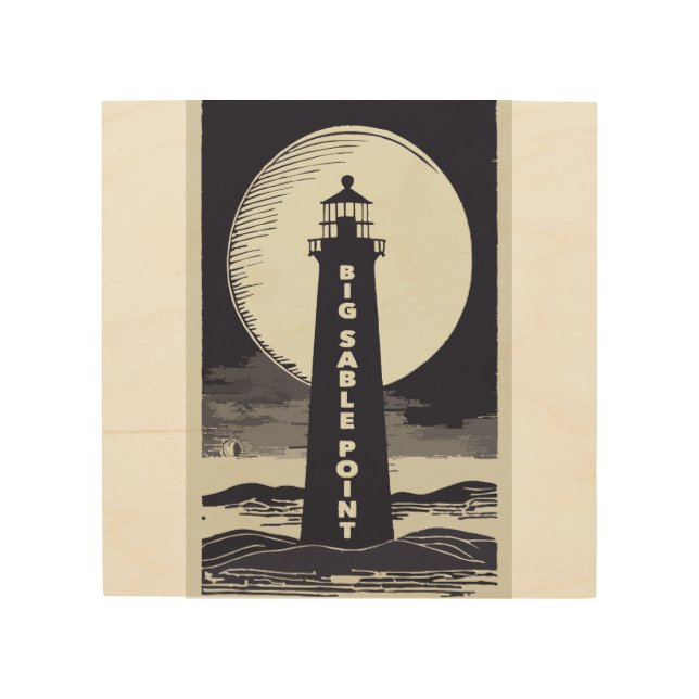 Big Sable Point Michigan Lighthouse Moon Wood Wall Art (Front)