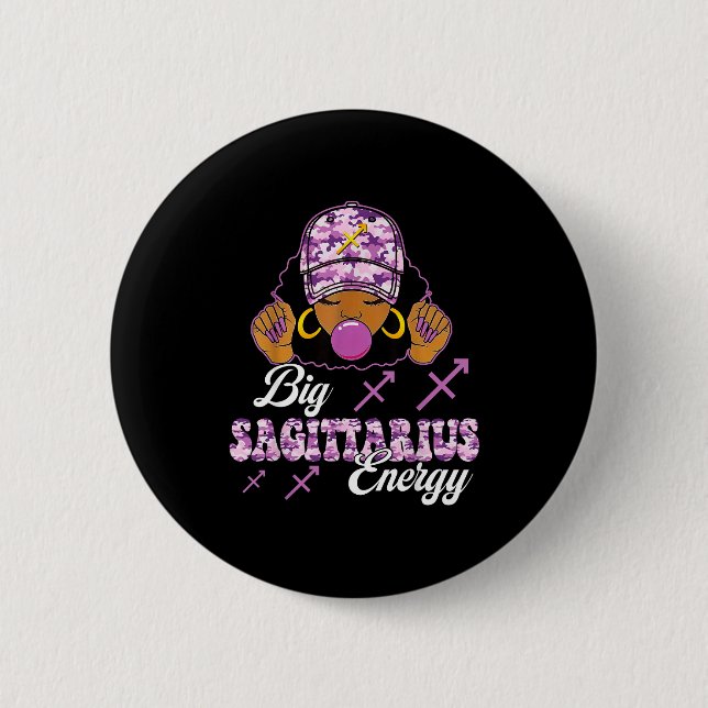 Big Sagittarius Energy Afro Girl With Purple Camou Button (Front)