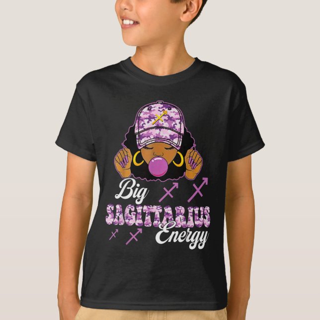 Big Sagittarius Energy Afro Girl With Purple Camou T-Shirt (Front)