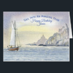 Big Sail Into An Amazing Year Fun Birthday Card<br><div class="desc">This big Sail Into An Amazing Year fun Birthday Card is certain to bring a smile to a husband, partner or special friend who loves sailing and the sea. This is an original watercolor painting of a yacht rounding Boscawen Point near Penzance in Cornwall in the light of a pale...</div>