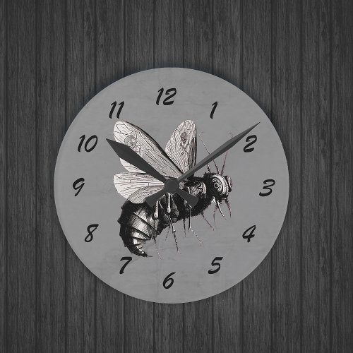 Big Scary Bee Black White Illustration Skull Wings Round Clock