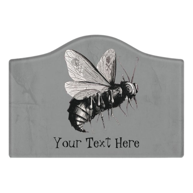 Big Scary Bee Skull Wings Stinger on Gray Door Sign (Small Crest Front)