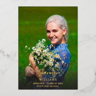 Big Script Name Photo Grad Party Vertical DARK Foil Invitation