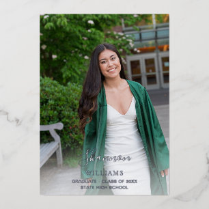 Big Script Name Photo Grad Party Vertical WHITE Foil Invitation