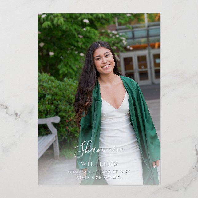 Big Script Name Photo Grad Party Vertical WHITE Foil Invitation (Front)