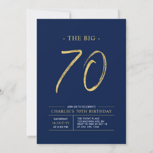Big Seventy Gold & Navy Blue 70th Birthday Party Invitation