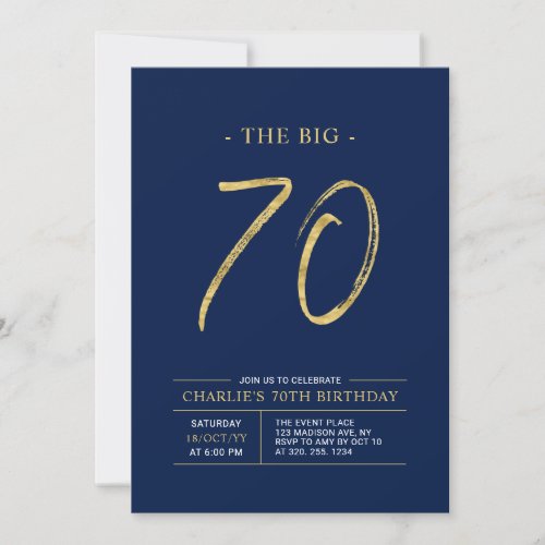 Big Seventy  Gold  Navy Blue 70th Birthday Party Invitation