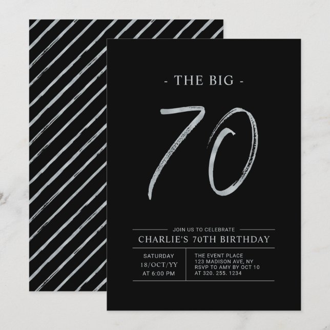 Big Seventy | Silver & Black 70th Birthday Party Invitation (Front/Back)