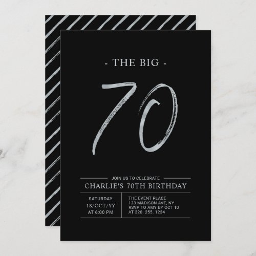 Big Seventy  Silver  Black 70th Birthday Party Invitation