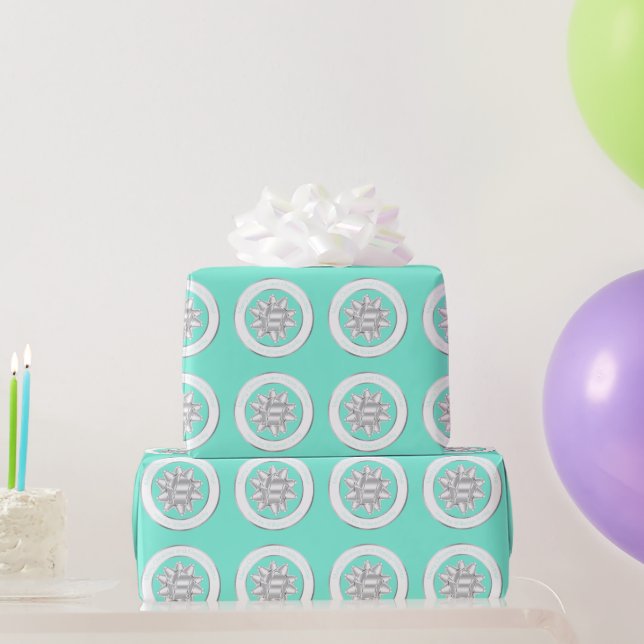 Big Silver Gift Bow on Teal Blue Wrapping Paper (Party Gifts)
