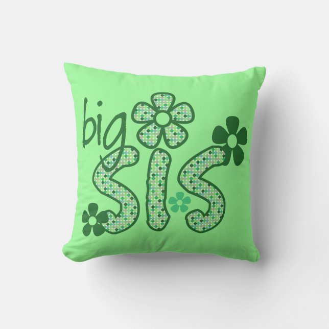 Big Sis Green Flowers Throw Pillow (Front)