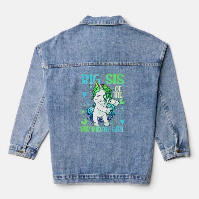 Big Sis of the Birthday Girl Flossing Unicorn Big  Denim Jacket (Back)