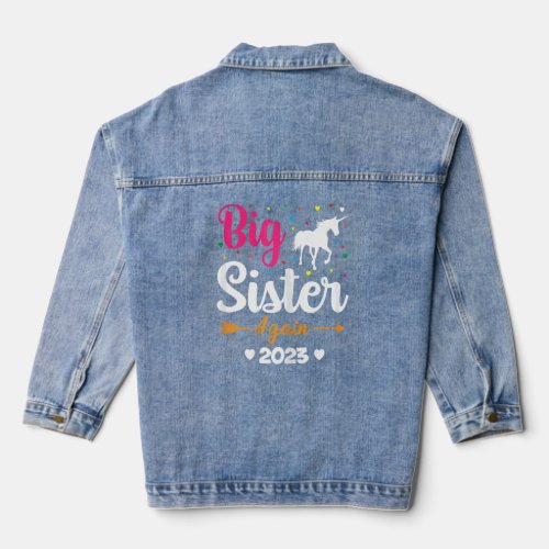 Big Sister Again 2023 Baby Announcement Unicorn  Denim Jacket