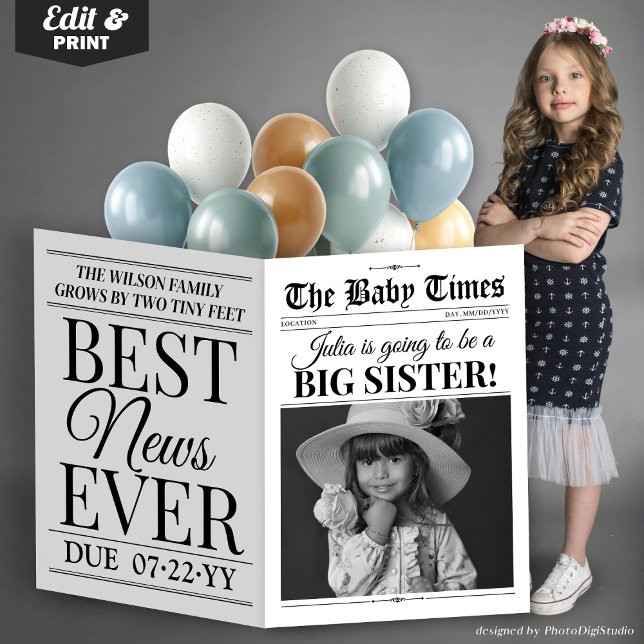Big Sister Baby Announcement Newspaper Photoshoot Card (Big Sister Baby Announcement Newspaper Photoshoot Card)
