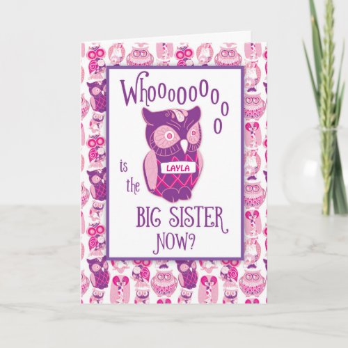 Big Sister Congratulations Custom Name Cute Pink Card
