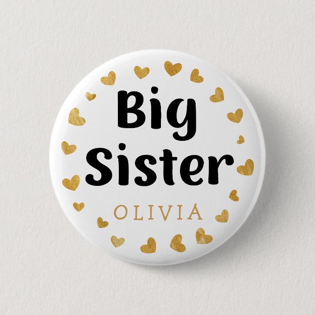 Big Sister Custom Name with gold hearts Button (Front)