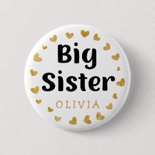 Big Sister Custom Name with gold hearts Button