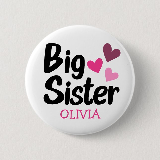 Big Sister Custom Name with pink hearts Button (Front)