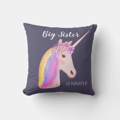 Big Sister Cute Unicorn Rainbow Personalized Throw Pillow