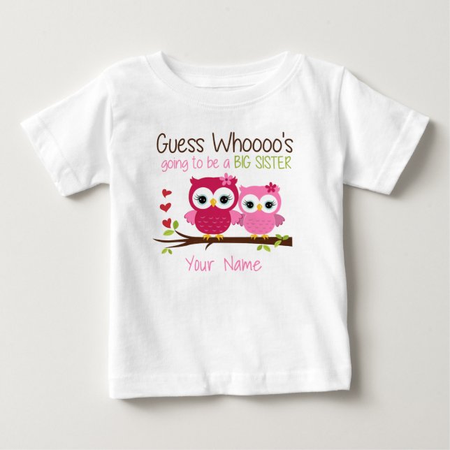 Big Sister Guess Who Pink Owl Personalized T Shirt (Front)