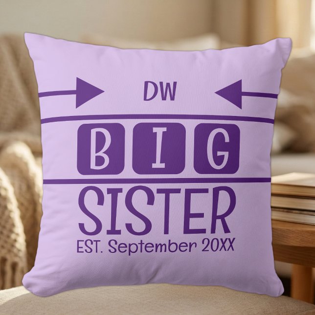 Big sister initials est. month year purple throw pillow (Creator Uploaded)