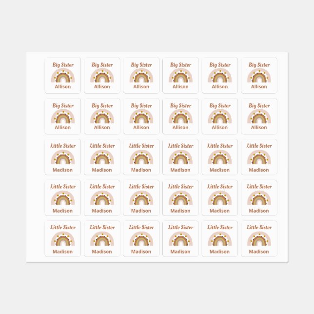 Big Sister Little Sister Boho Rainbow Personalized Labels (Sheet)