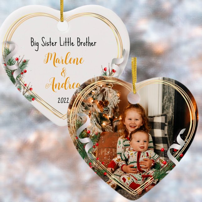 Big Sister Little Sister Photo Gold Frame Custom Ceramic Ornament (Creator Uploaded)