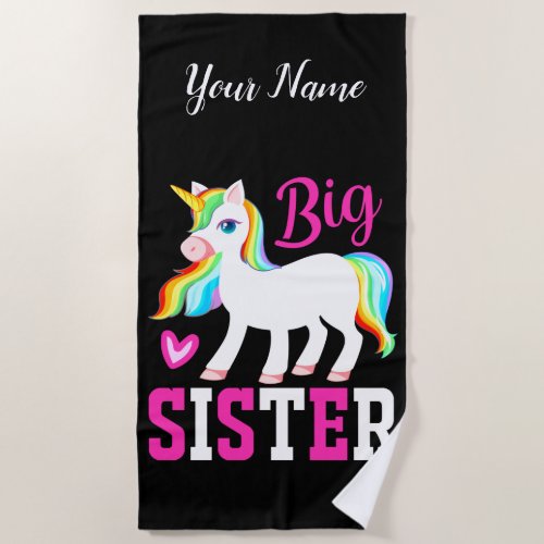 Big Sister Magical Unicorn w Rainbow Mane  Tail Beach Towel