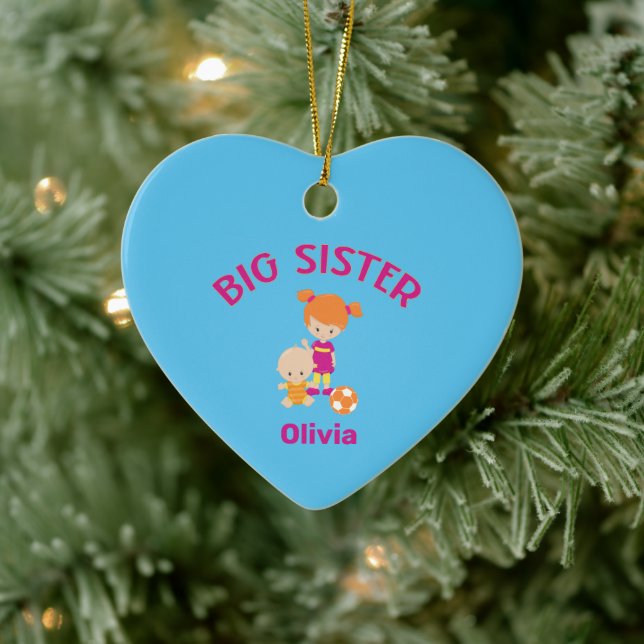 Big Sister Name with Baby Brother Year Heart Shape Ceramic Ornament (Tree)