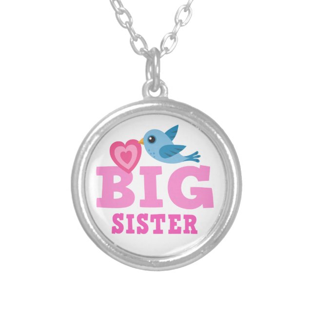 Big sister necklace, cute cartoon bird with heart silver plated necklace (Front)