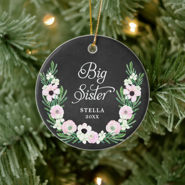 Big Sister Personalized Bohemian Floral Wreath Ceramic Ornament (Tree)