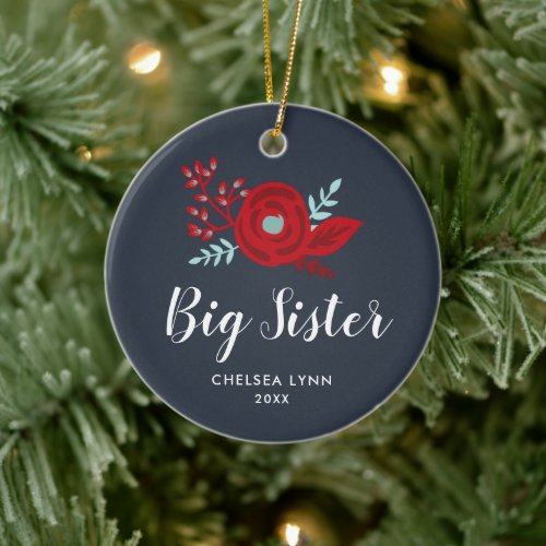 Big Sister Personalized Girls Name Navy Floral Ceramic Ornament