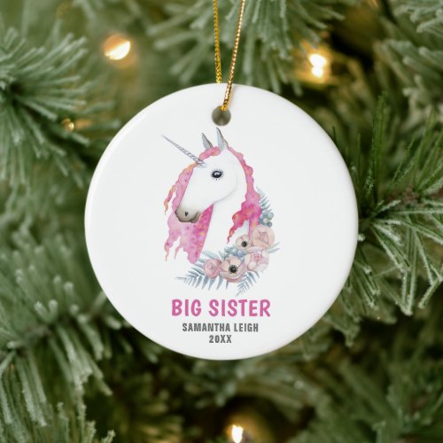 Big Sister Personalized Name Watercolor Unicorn Ceramic Ornament