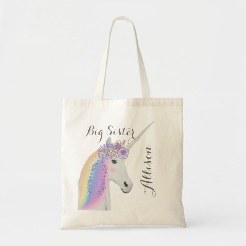 Big Sister Personalized Rainbow Unicorn Tote Bag