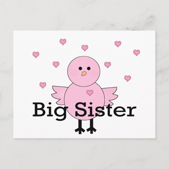 Big Sister Pink Chick & Hearts Postcard (Front)