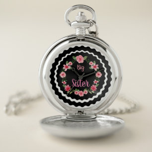 Big Sister Pink Flowers with White & Black Circles Pocket Watch