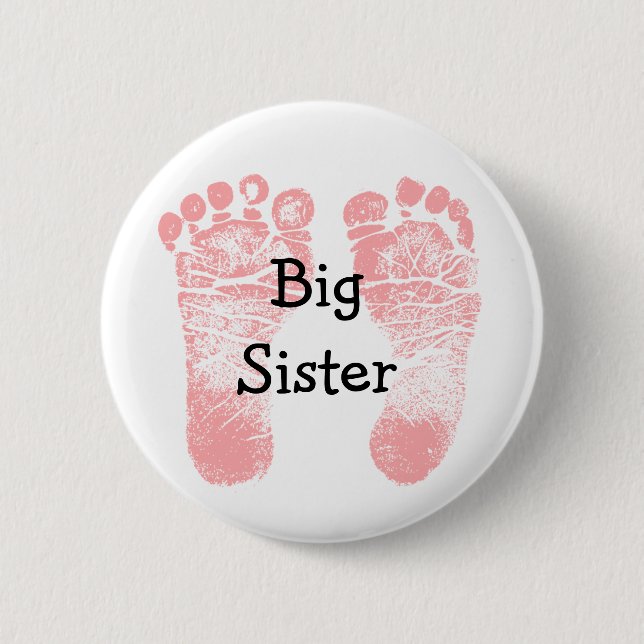 "Big Sister" Pink Footprints White and Pink Button (Front)