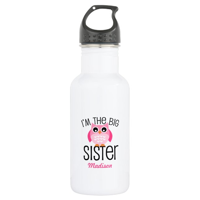Big Sister Pink Owl Personalized Water Bottle (Front)