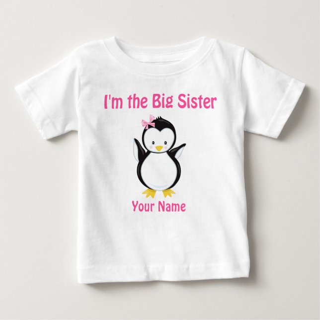 Big Sister Pink Penguin Personalized T Shirt (Front)