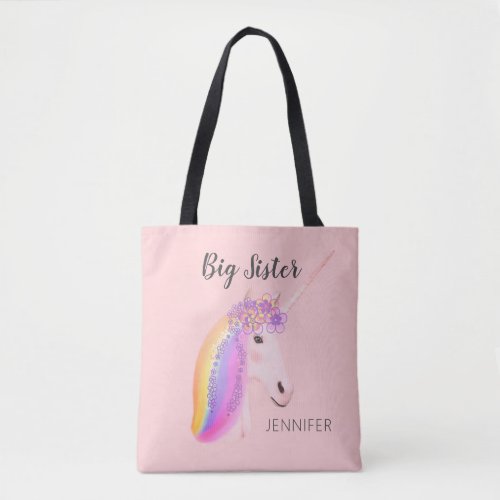 Big Sister Pink Rainbow Unicorn Personalized Tote Bag