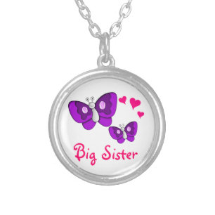 Big Sister Purple Butterfly with Hearts Silver Plated Necklace