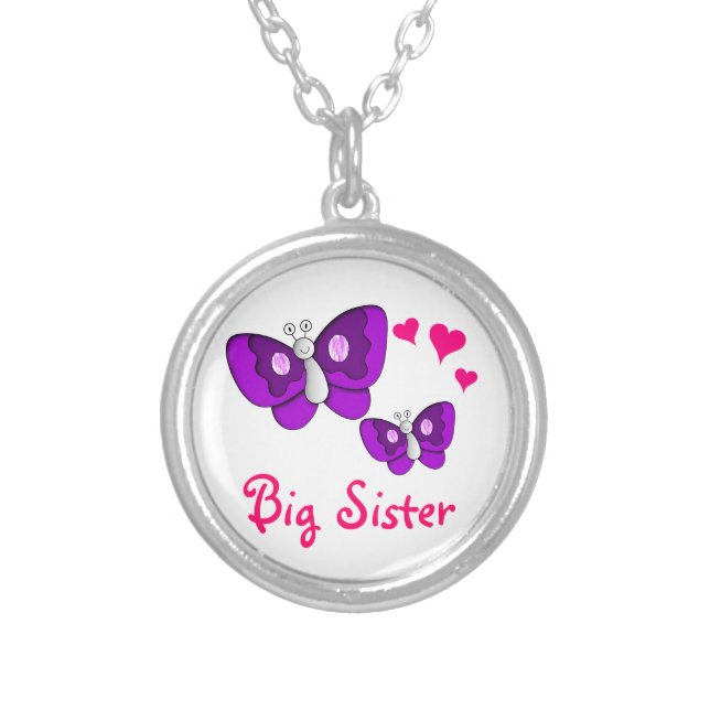 Big Sister Purple Butterfly with Hearts Silver Plated Necklace (Front)