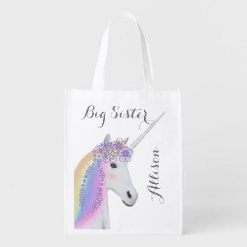 Big Sister Rainbow Unicorn Personalized Name Grocery Bag