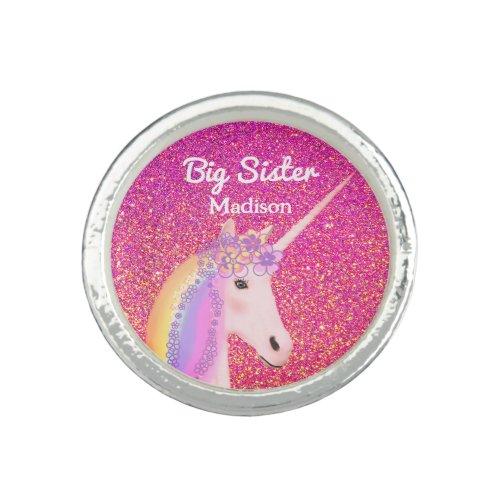 Big Sister Rainbow Unicorn Pink Glitter Monogram Ring