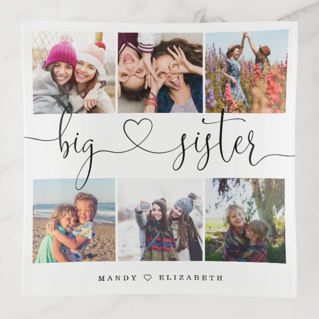 Big Sister Script | Gift For Sisters Photo Collage Trinket Tray (Front)