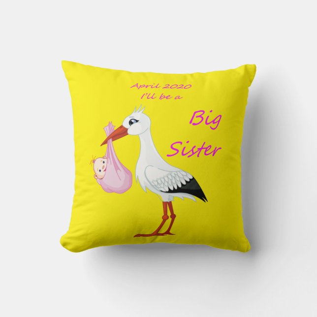 Big Sister Throw Pillow Baby Stork  April 2020 (Front)