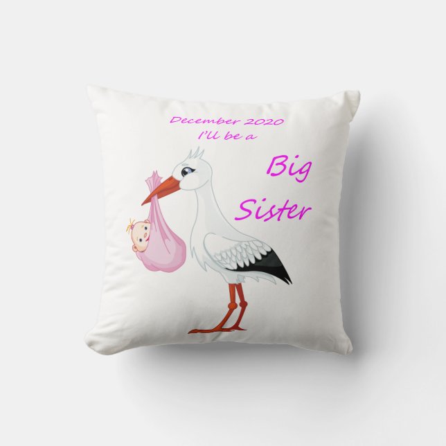 Big Sister Throw Pillow Baby Stork  December 2020 (Front)